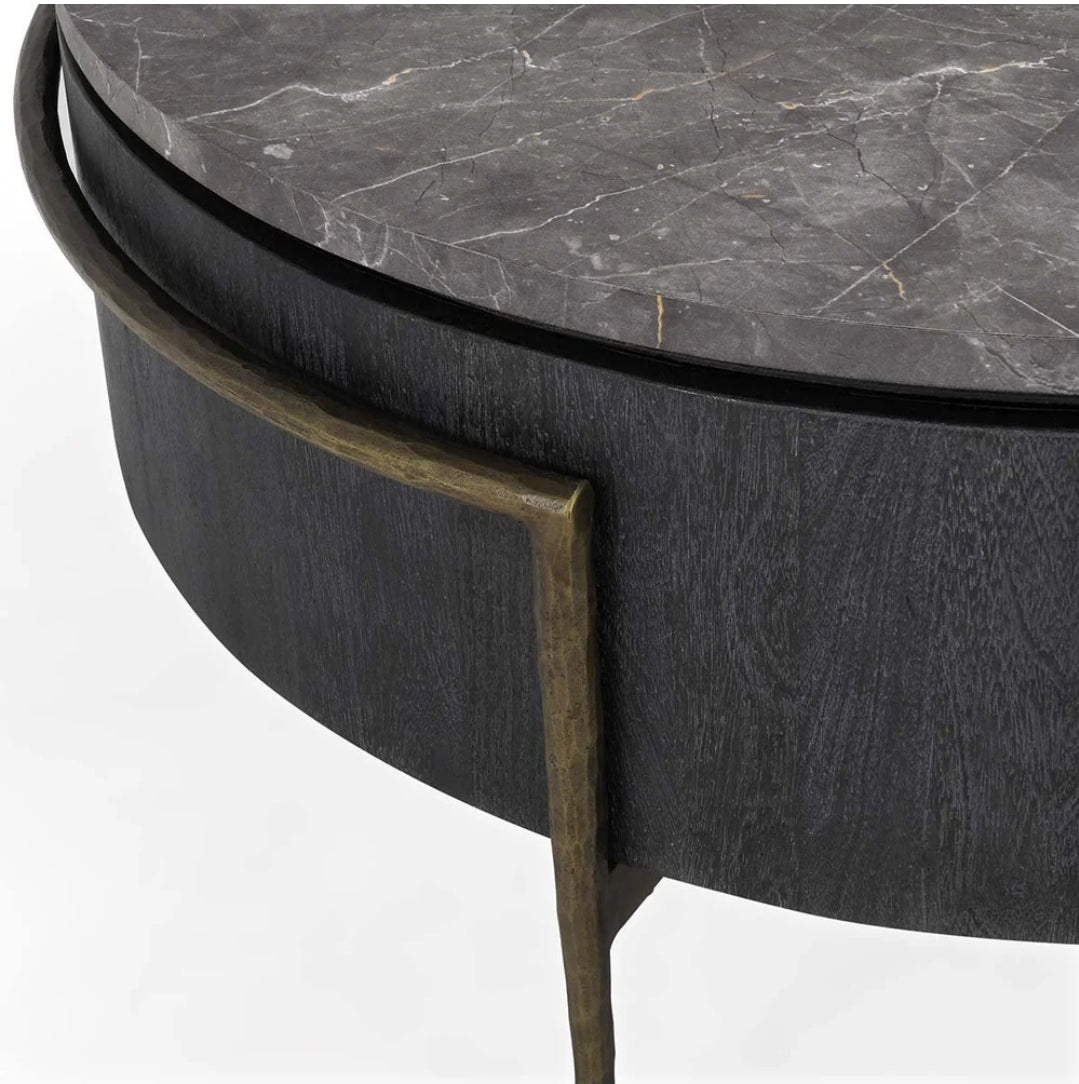42" Round Coffee Table With Solid Mango Wood/Concrete Laminated Stone