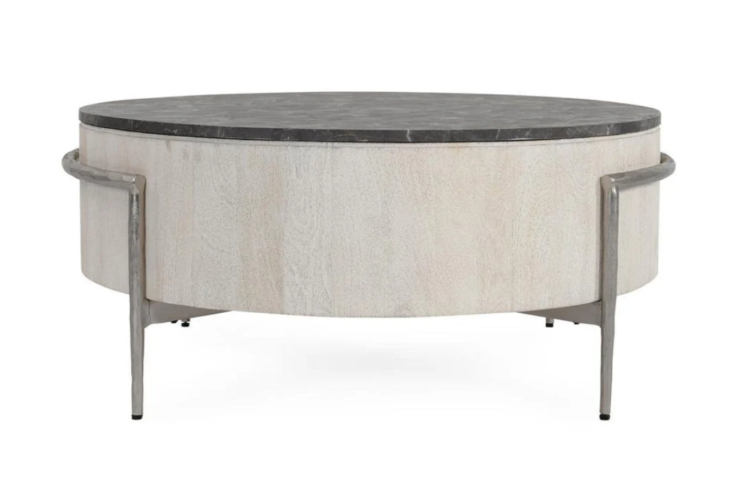 42" Round Coffee Table With Solid Mango Wood/Concrete Laminated Stone