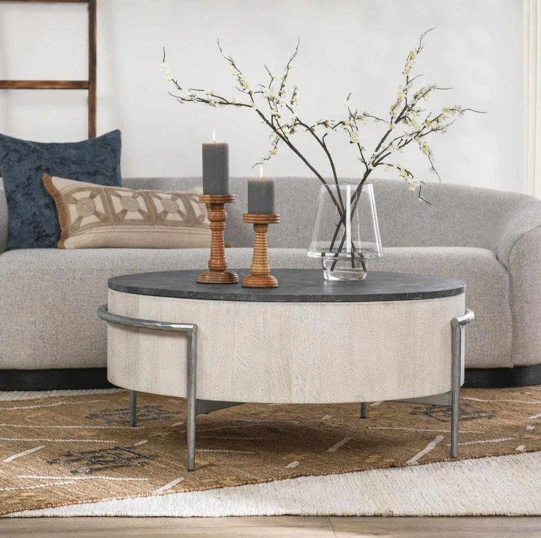 42" Round Coffee Table With Solid Mango Wood/Concrete Laminated Stone