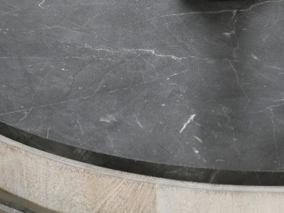 42" Round Coffee Table With Solid Mango Wood/Concrete Laminated Stone
