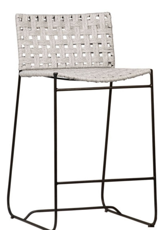 Wally Coastal Beach Grey Woven Rope Seat Black Iron Frame Counter Stool