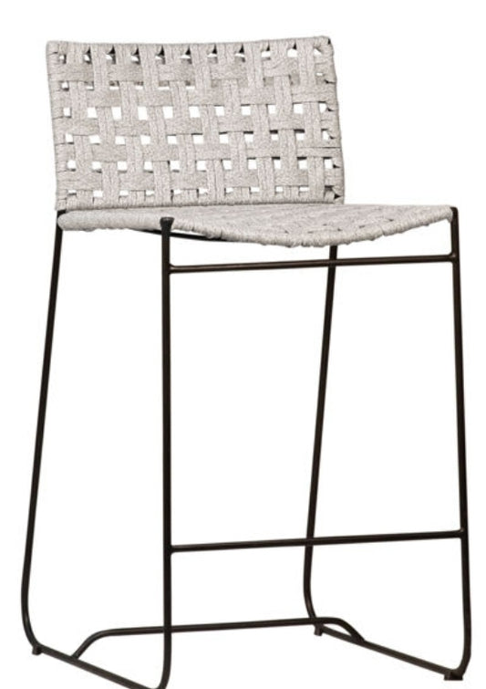 Wally Coastal Beach Grey Woven Rope Seat Black Iron Frame Counter Stool
