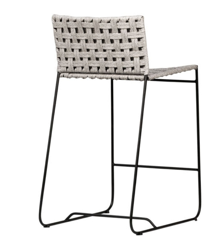 Wally Coastal Beach Grey Woven Rope Seat Black Iron Frame Counter Stool