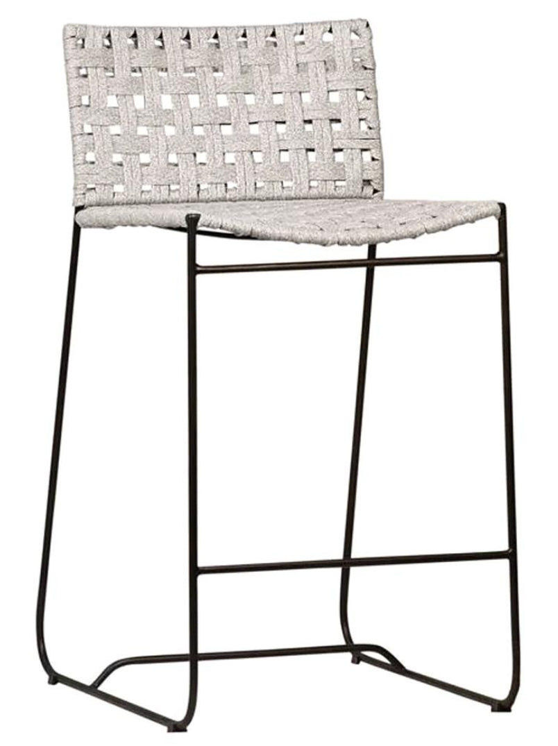 Wally Coastal Beach Grey Woven Rope Seat Black Iron Frame Counter Stool
