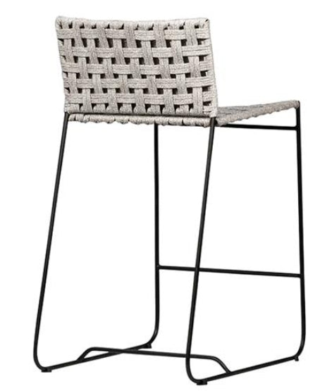 Wally Coastal Beach Grey Woven Rope Seat Black Iron Frame Counter Stool