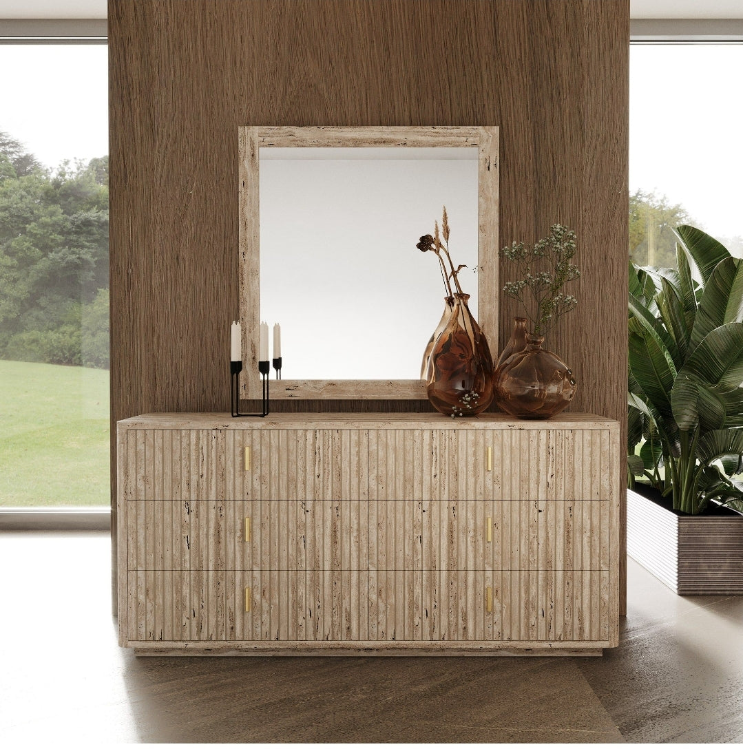 Rolan 6 Drawer Dresser with Travertine Finish and gold accent pulls