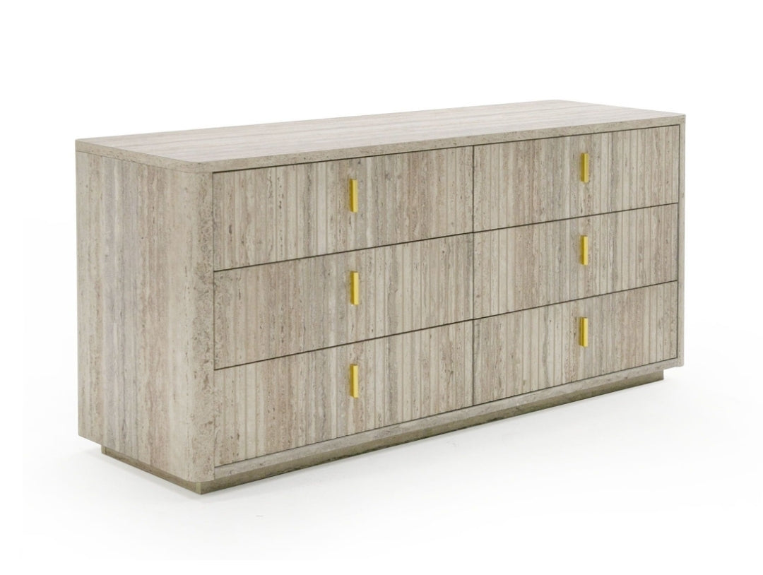 Rolan 6 Drawer Dresser with Travertine Finish and gold accent pulls