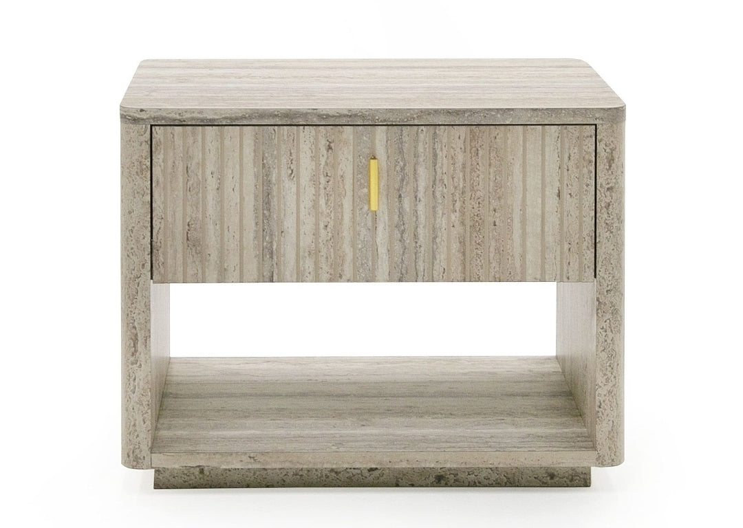 Rolan Nightstand with Travertine Finish and gold accent pulls