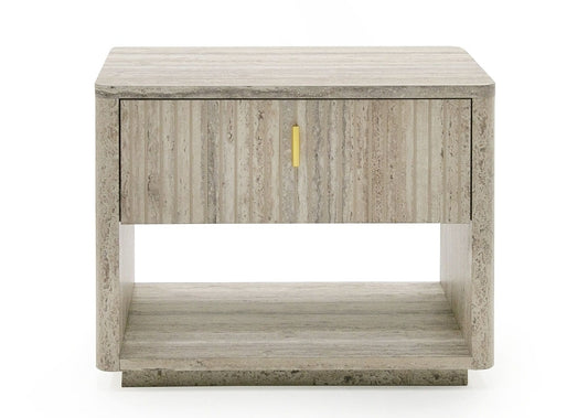 Rolan Nightstand with Travertine Finish and gold accent pulls