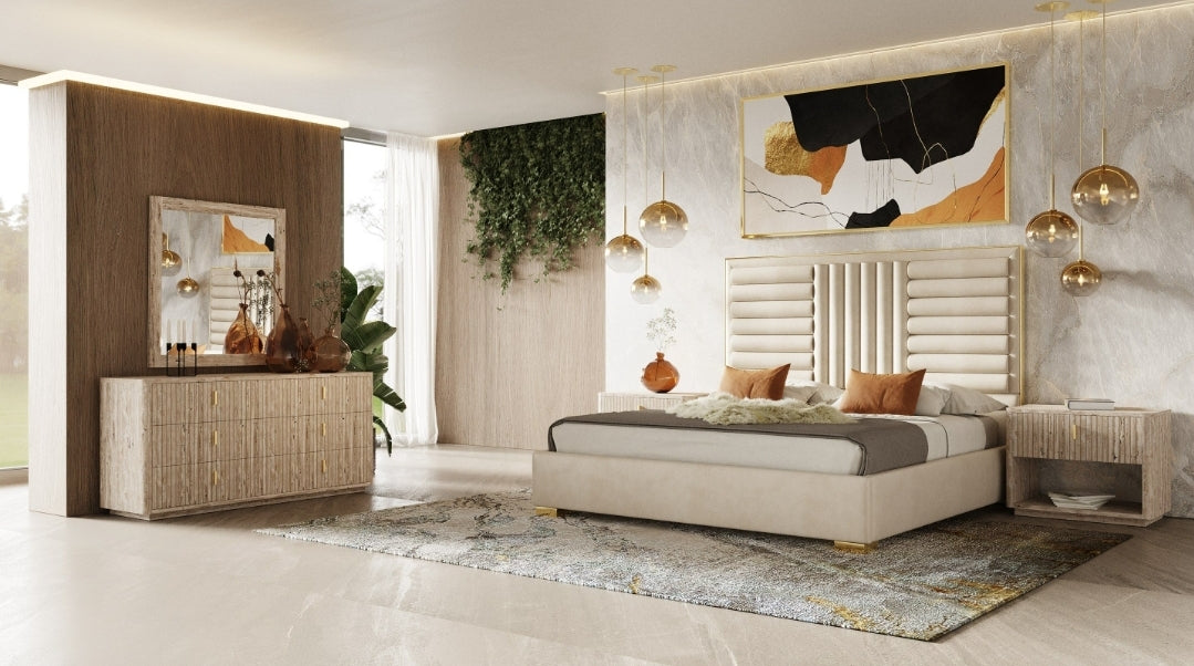Rolan Nightstand with Travertine Finish and gold accent pulls