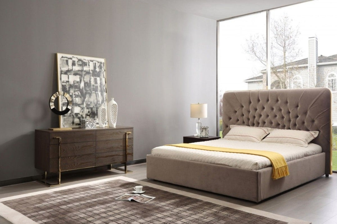 Moontide Eastern King Glam Beige Velvet and Brushed Brass Bed