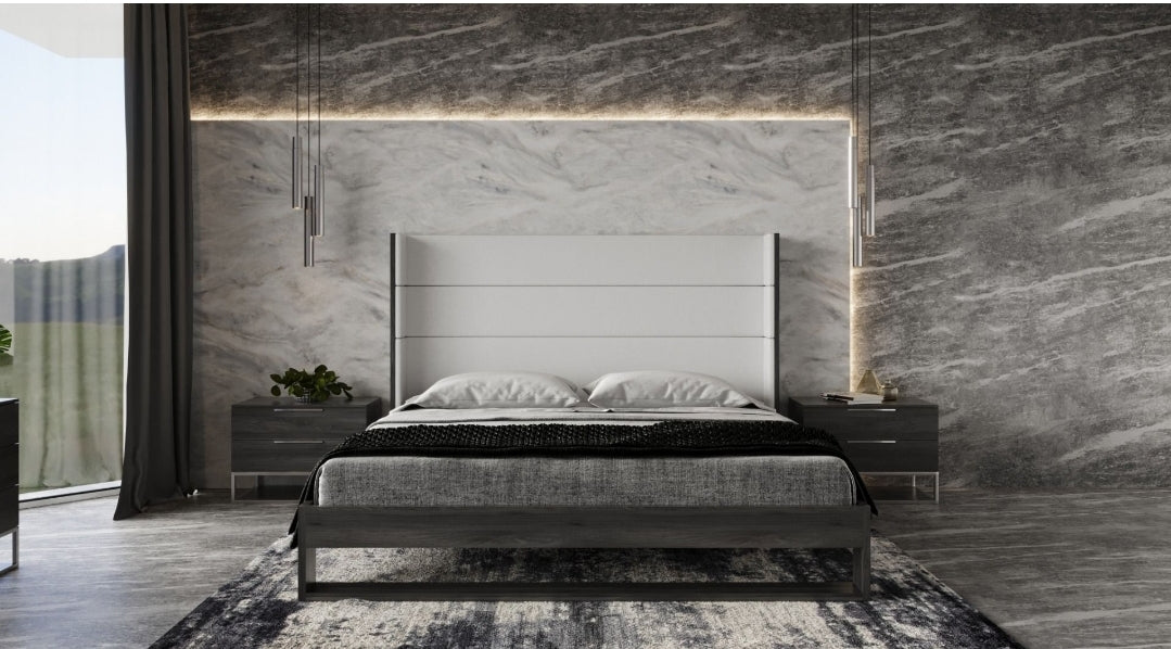 Modrest Heloise Eastern King Contemporary White Leather & Grey Elm Trim Bed