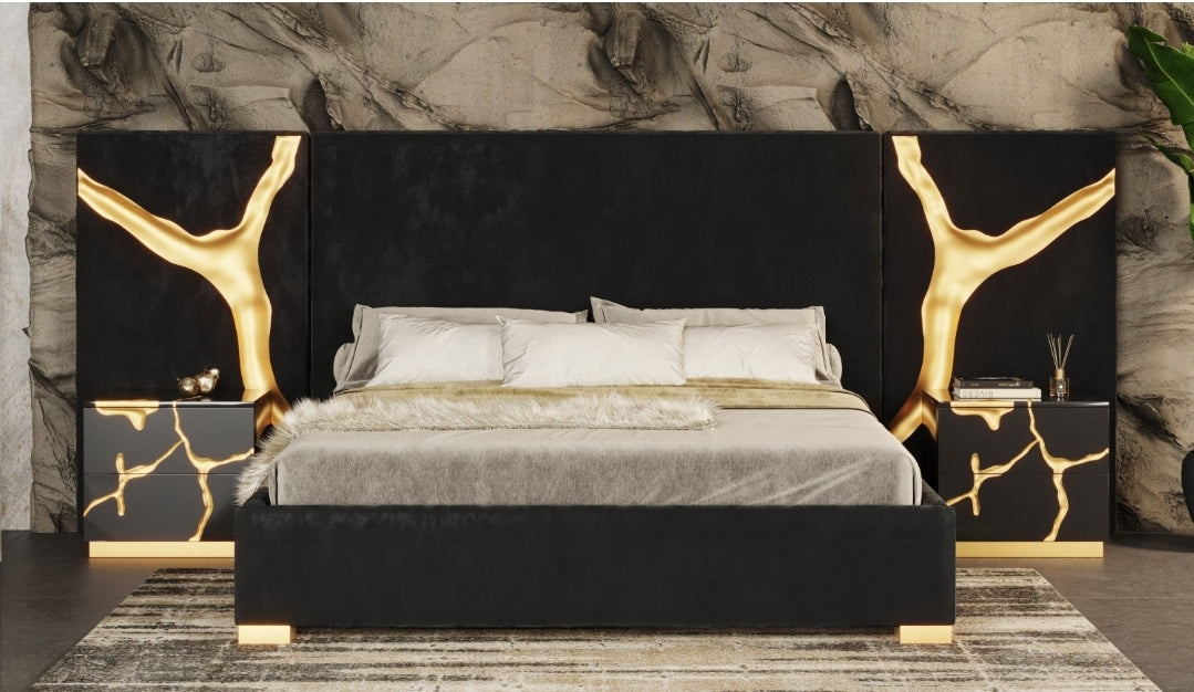 Aram Modern Glam Black Gold Bed + Nightstands