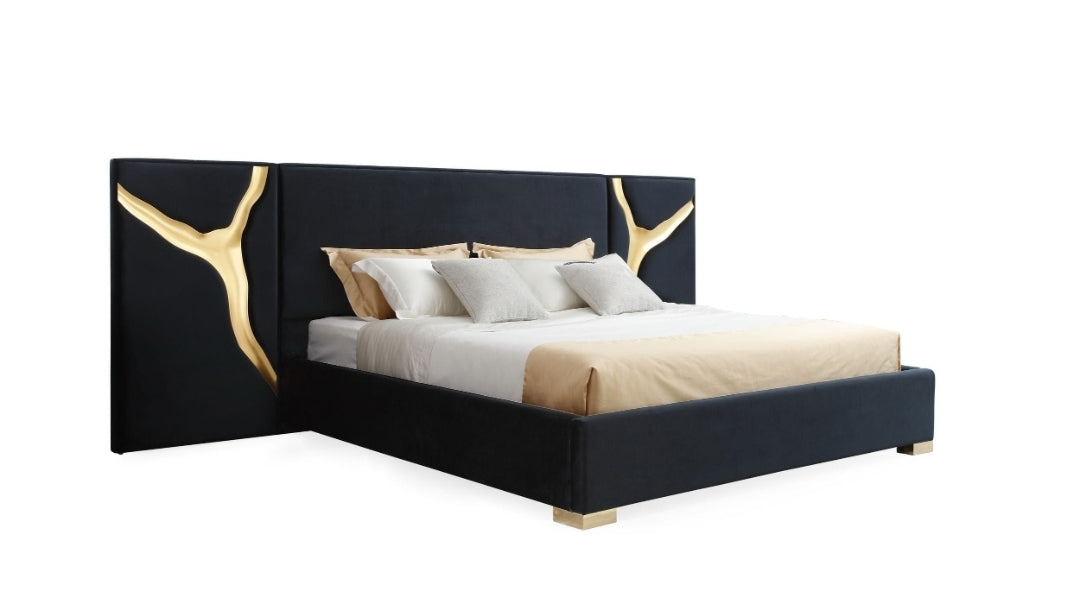 Aram Modern Glam Black Gold Bed + Nightstands