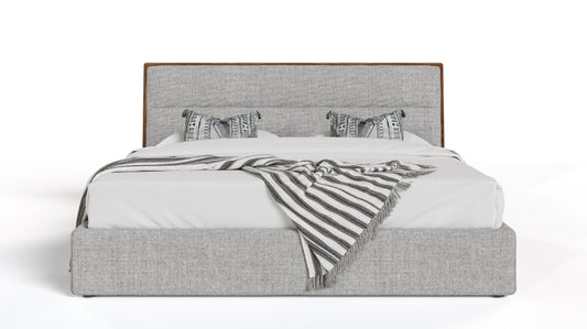 King Modern Grey Fabric & Walnut Trimmed Bed