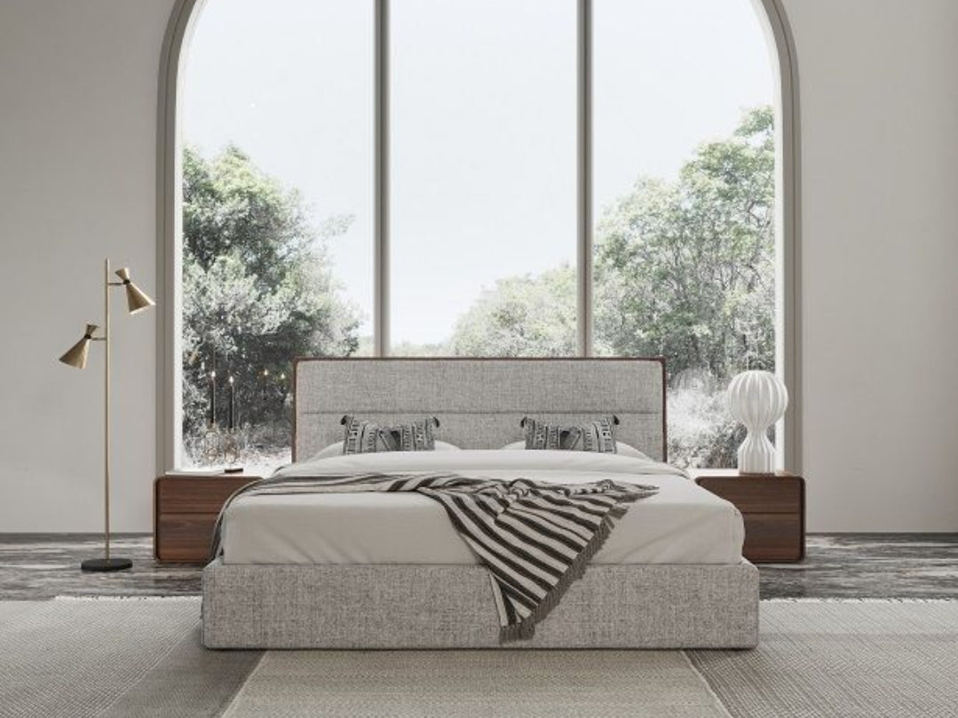 King Modern Grey Fabric & Walnut Trimmed Bed