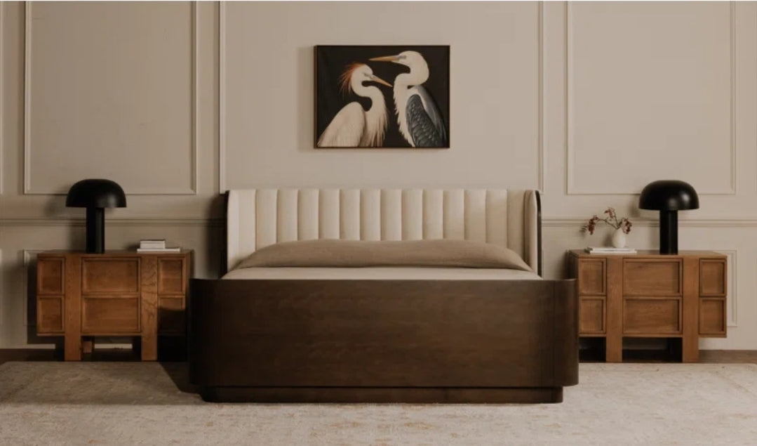 Sloan Birch Wood Bed with cream channel back upholstery