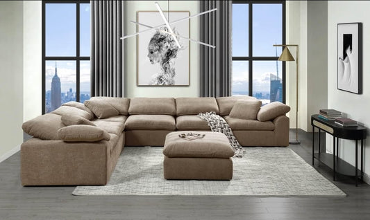 Carson reversible modular sectional upholstered in beige or gray fabric