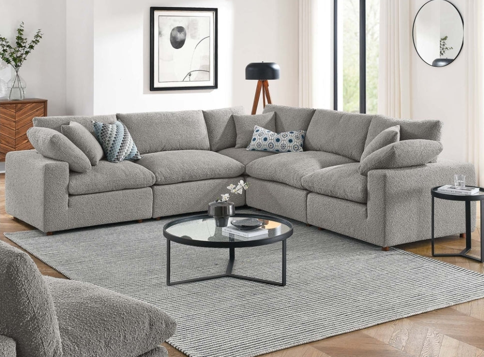 Franklin Cloud Style Sectional Upholstered In gray textured Performance Fabric