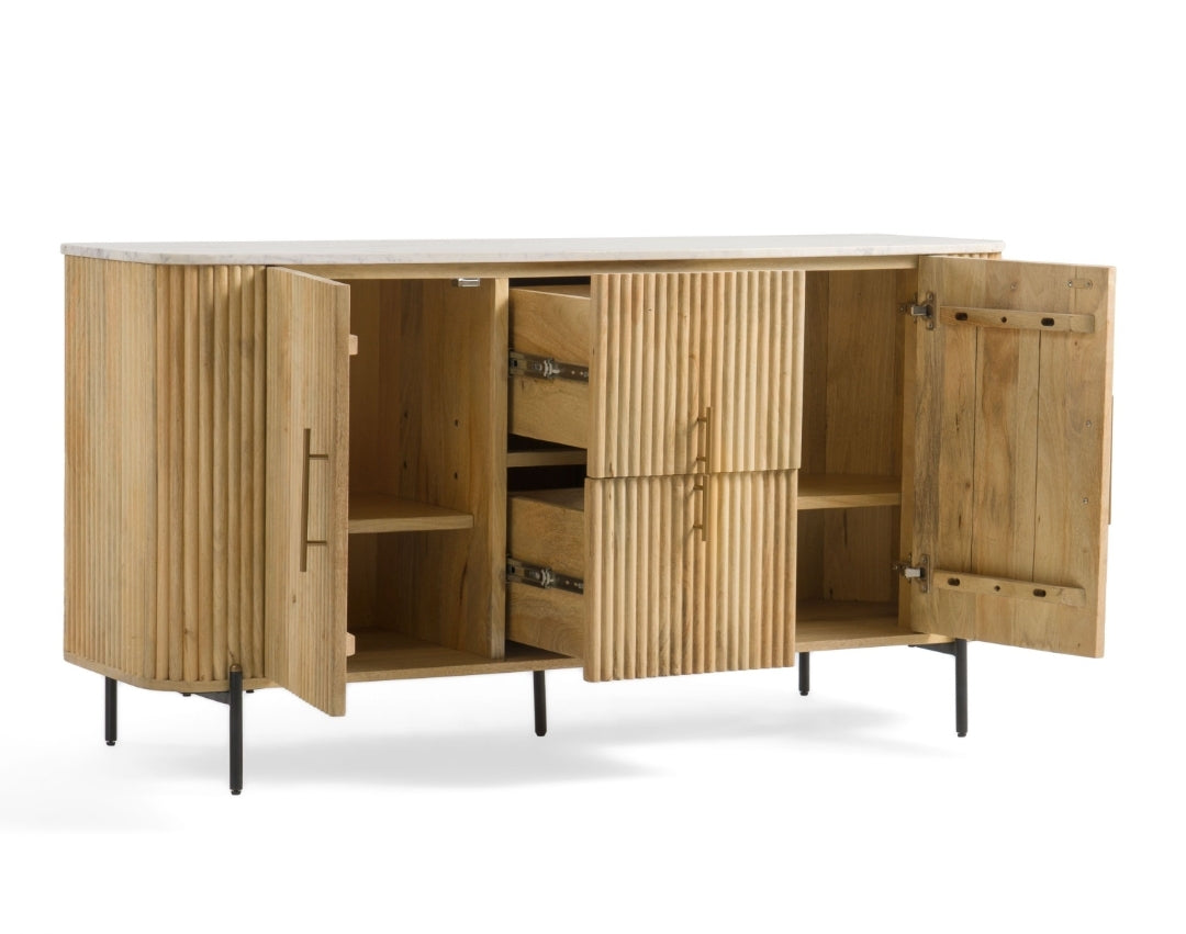 Gorgeous Solid Wood and White Carerra Marble 2 Door Sideboard w/ stunning brass handles