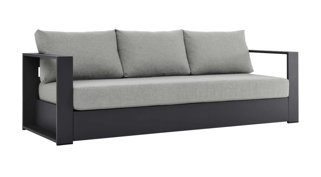 Lamod Modern powder coated aluminum black sofa upholstered in gray outdoor cushions