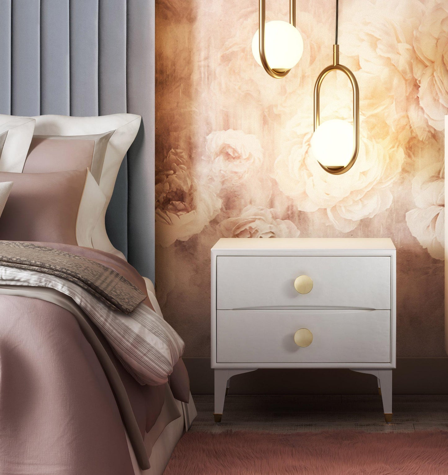 Divine Glam White Nightstand with brass handles