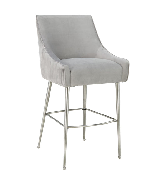 Pleated Light Grey Velvet Counter Stool