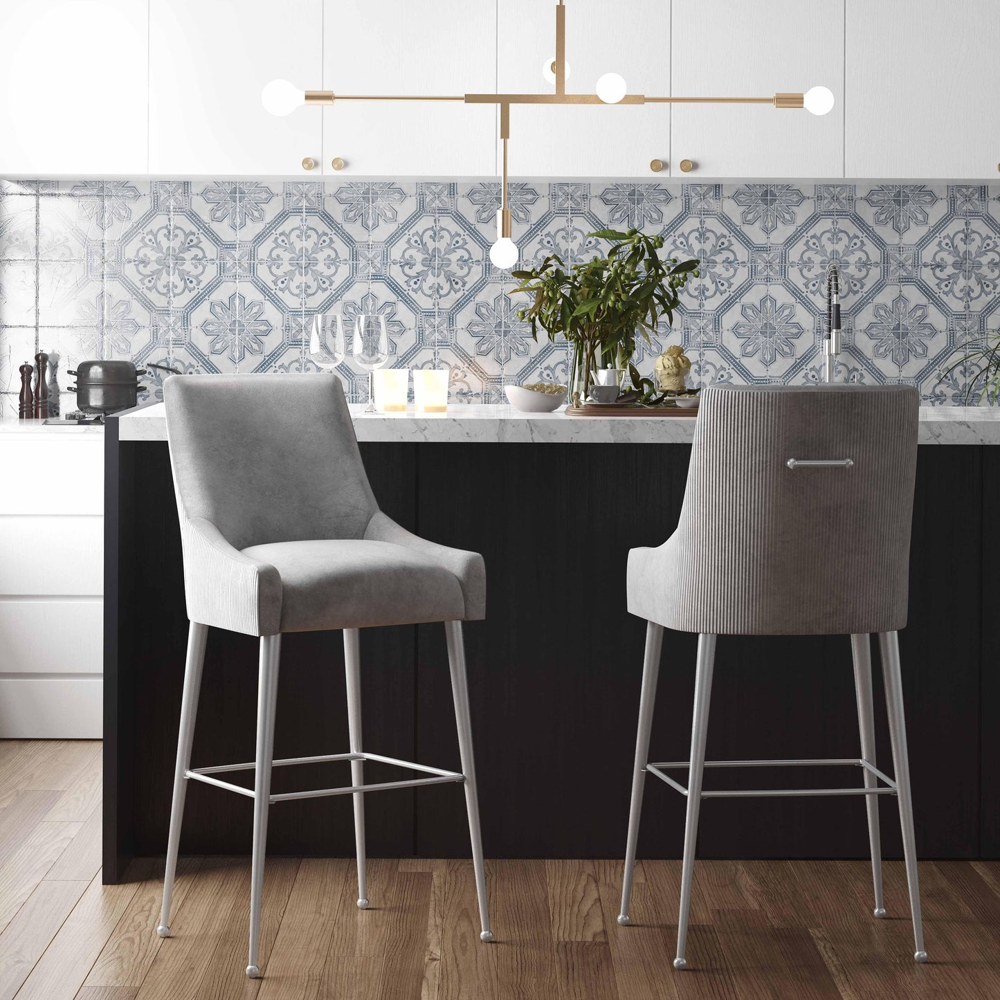 Pleated Light Grey Velvet Counter Stool
