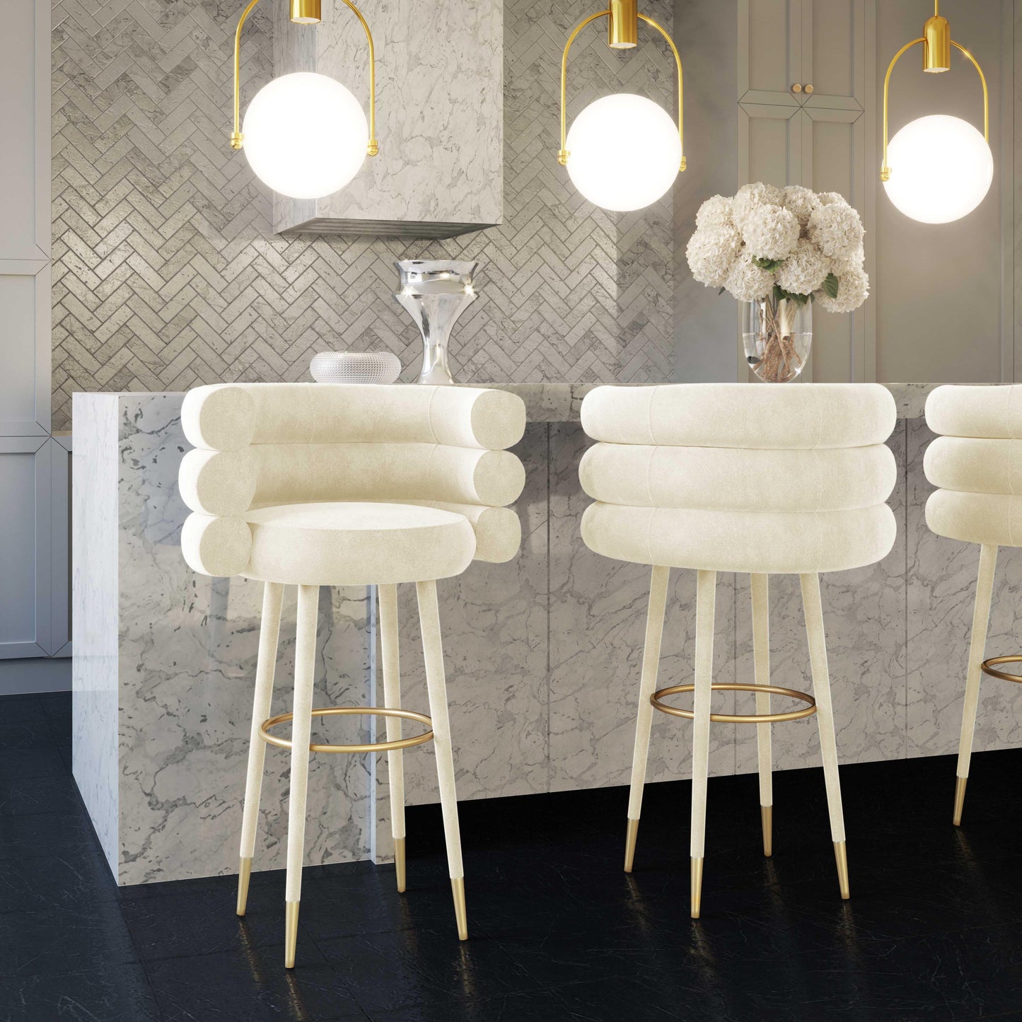 Curved Cream tufted Velvet Counter Stool