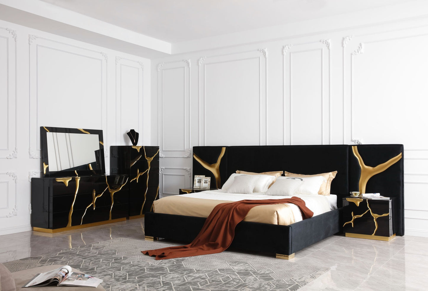 Modrest Aspen - Modern Wide Black and Gold Nightstand
