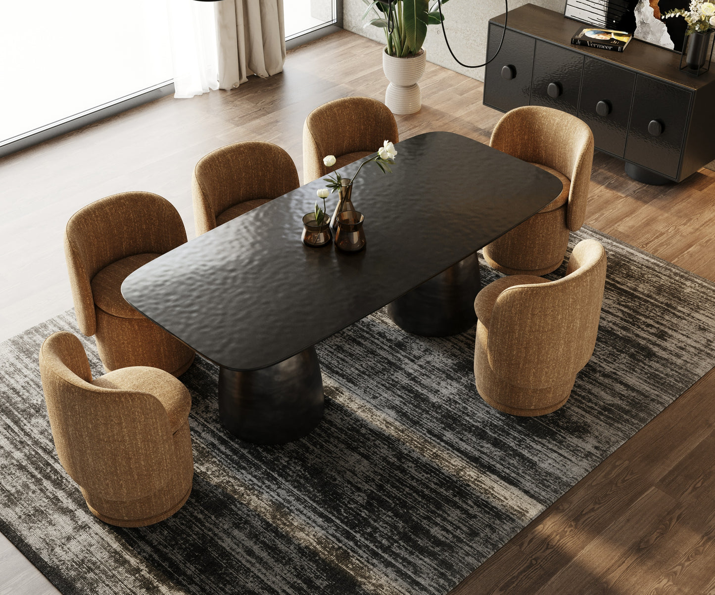 Contemporary Black Wave Glass Wide Rectangular Dining Table