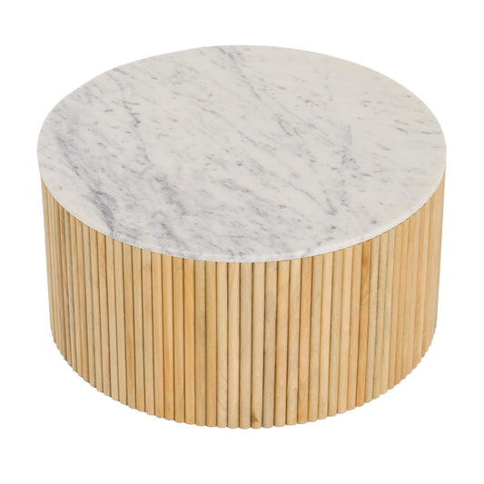 White 32" Marble Coffee Table with Solid Flutted Wood