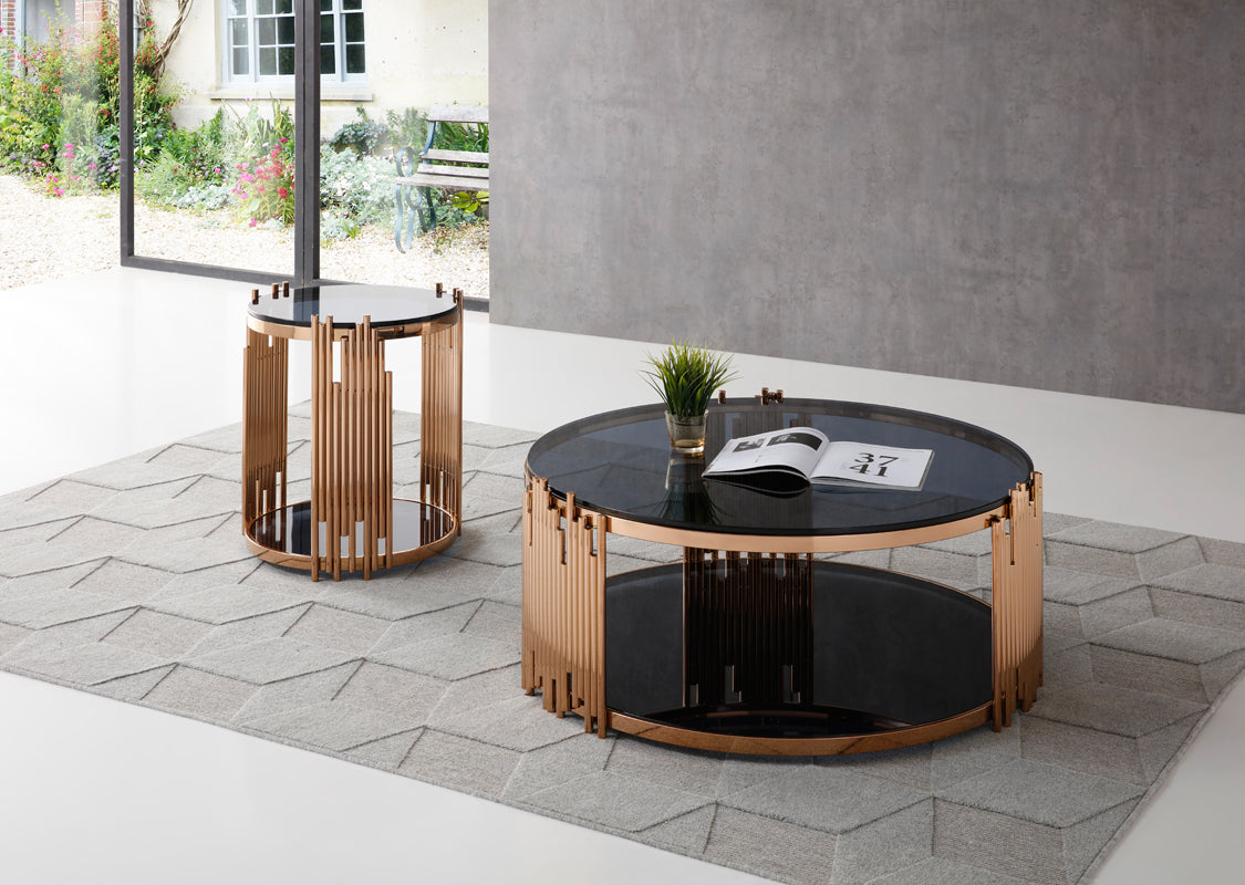 Modrest Bryce Modern Smoked Glass & Rosegold Round End Table