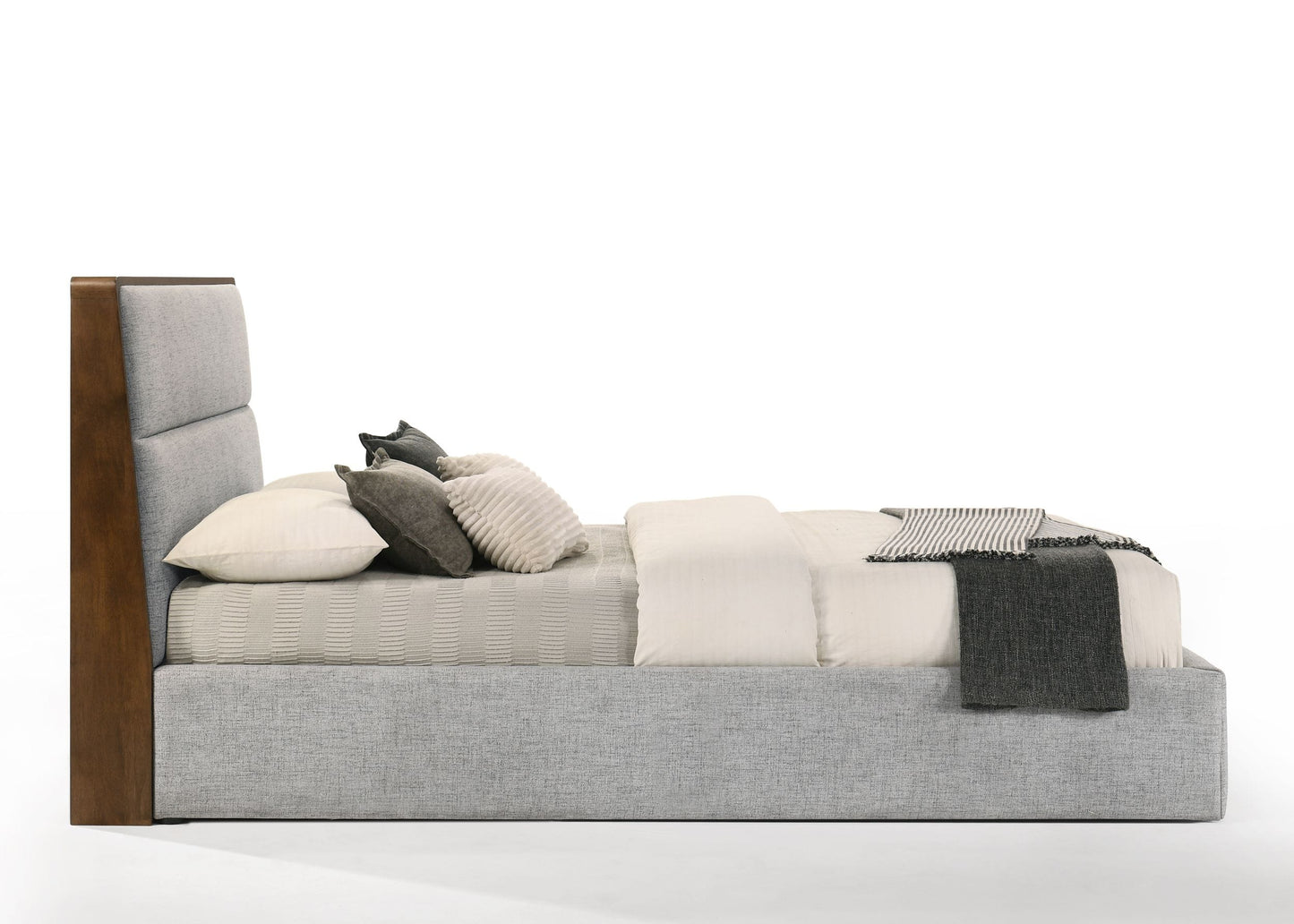 King Modern Grey Fabric & Walnut Trimmed Bed