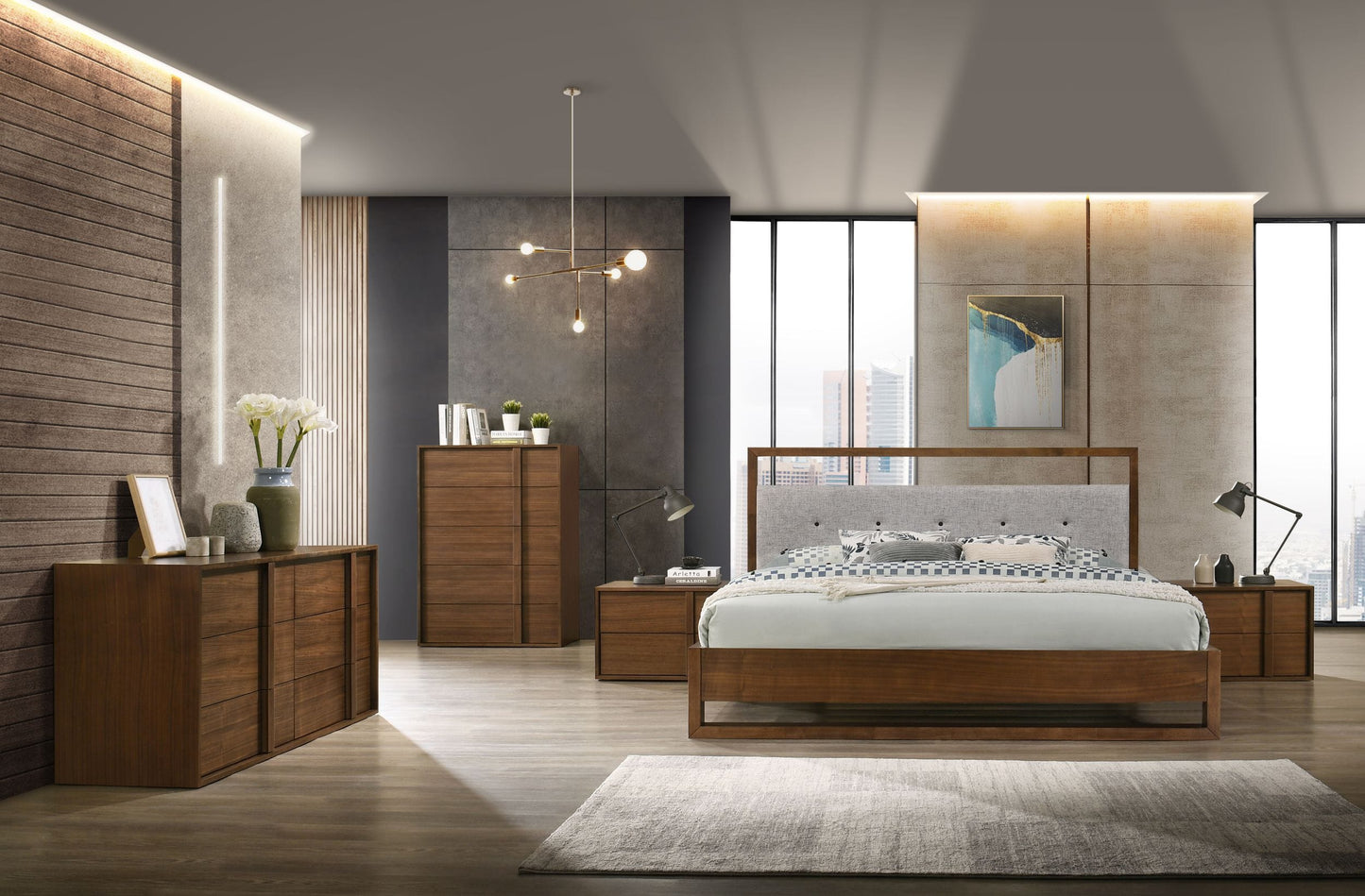 Queen Nova Domus Falcor - Modern Grey Fabric & Walnut Veneer Bed
