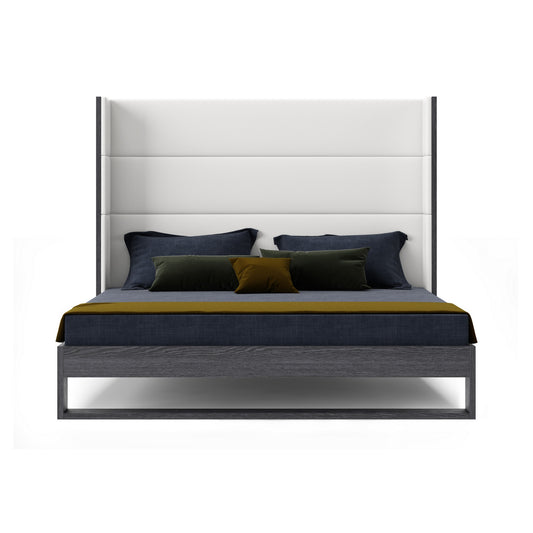 Modrest Heloise Eastern King Contemporary White Leather & Grey Elm Trim Bed
