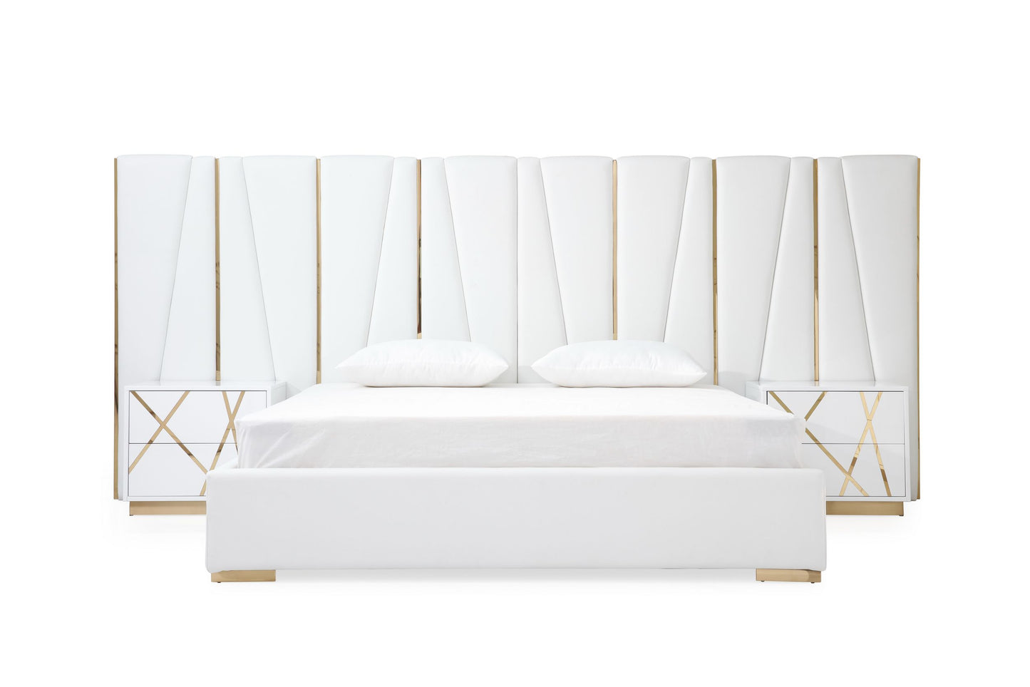 Modrest Nixa - Eastern King Modern White + Gold Bed + Nightstands