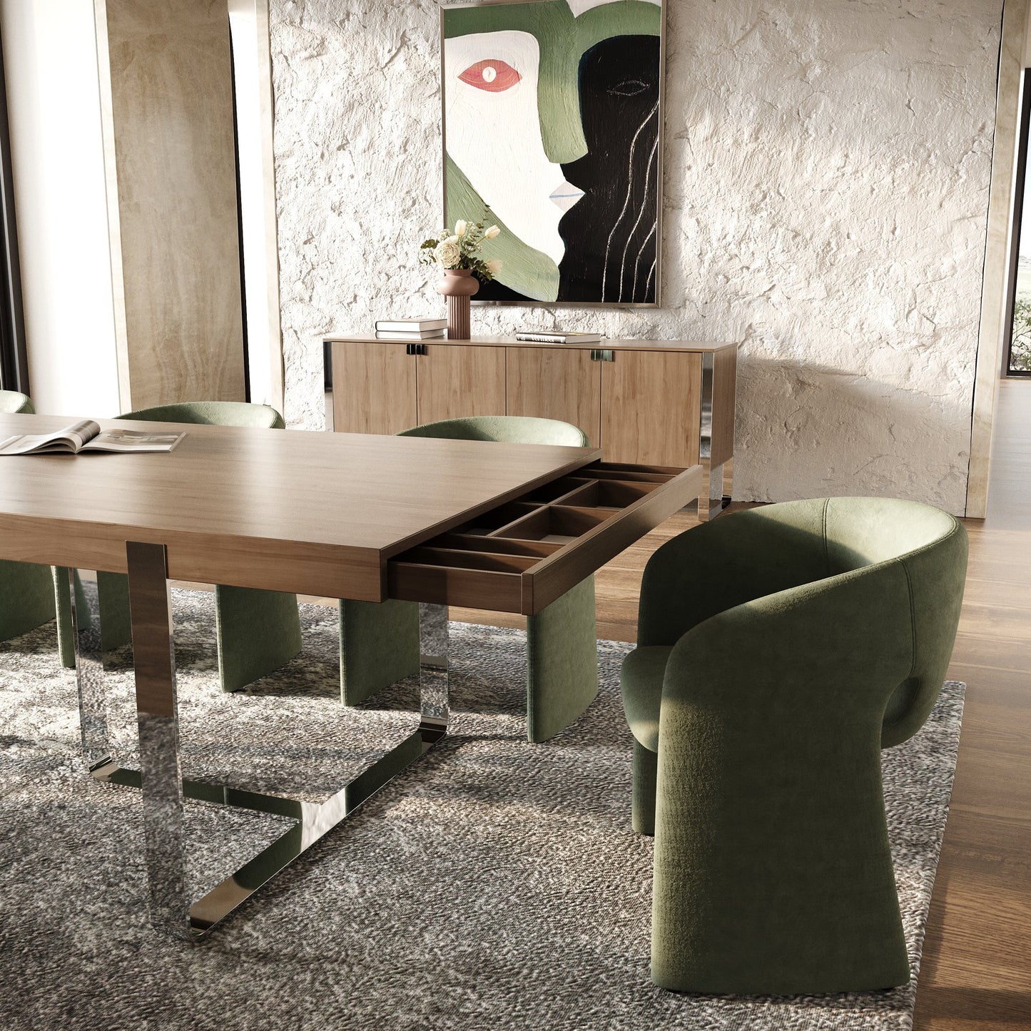 Modrest Pauline- Modern Walnut and Stainless Steel Dining Table