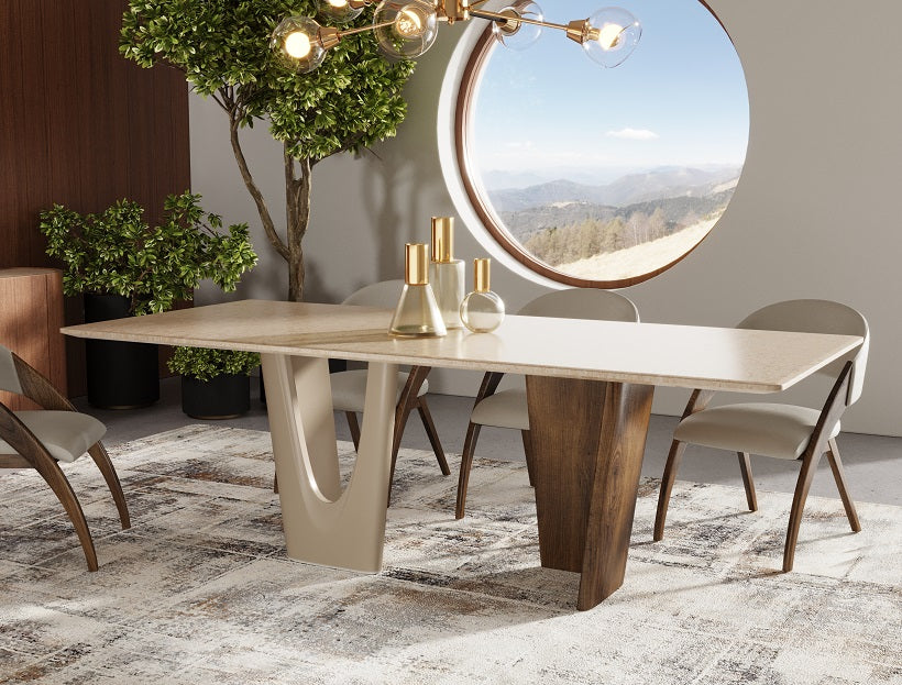 90" Post Modern Marble and Cream/Walnut Dining Table