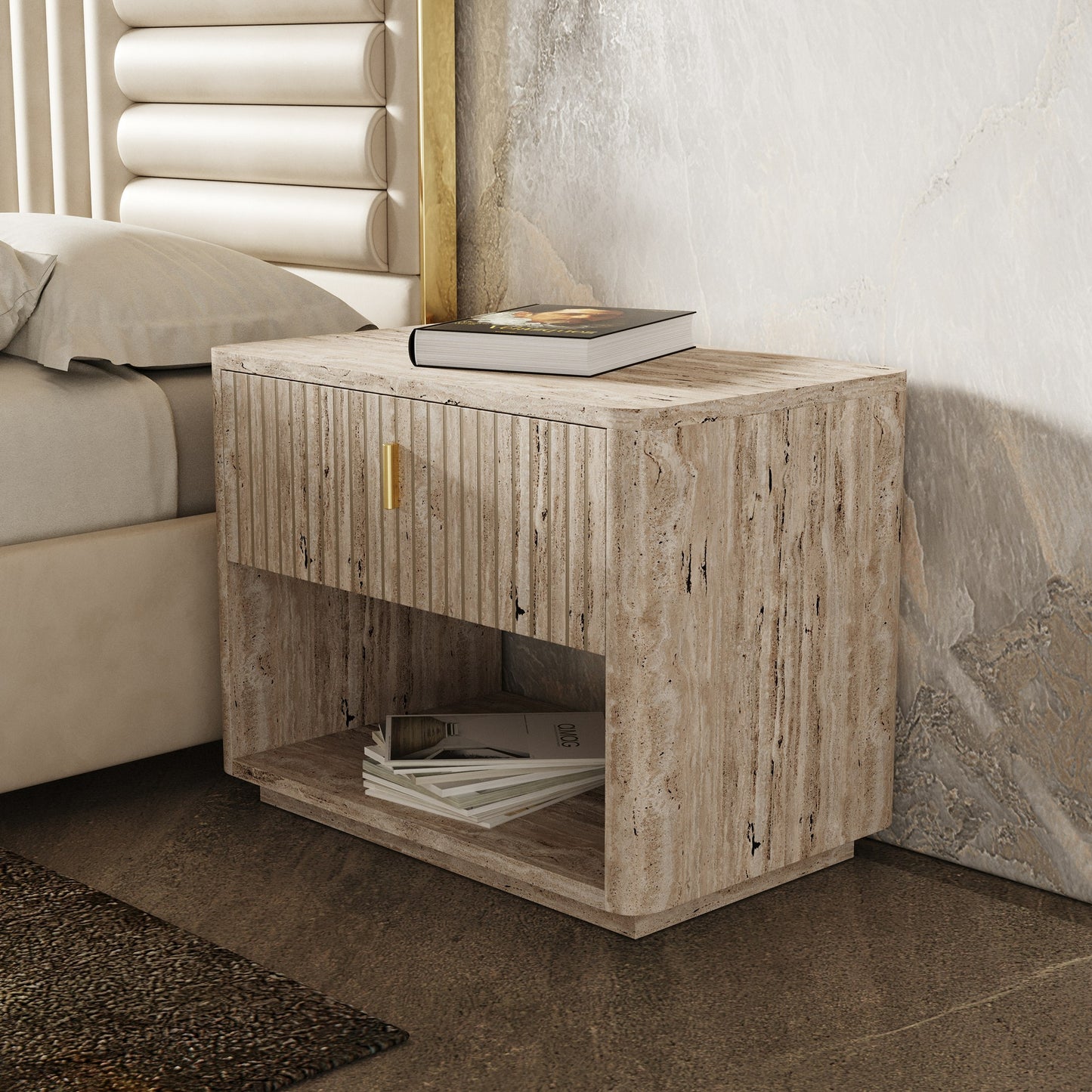 Rolan Nightstand with Travertine Finish and gold accent pulls