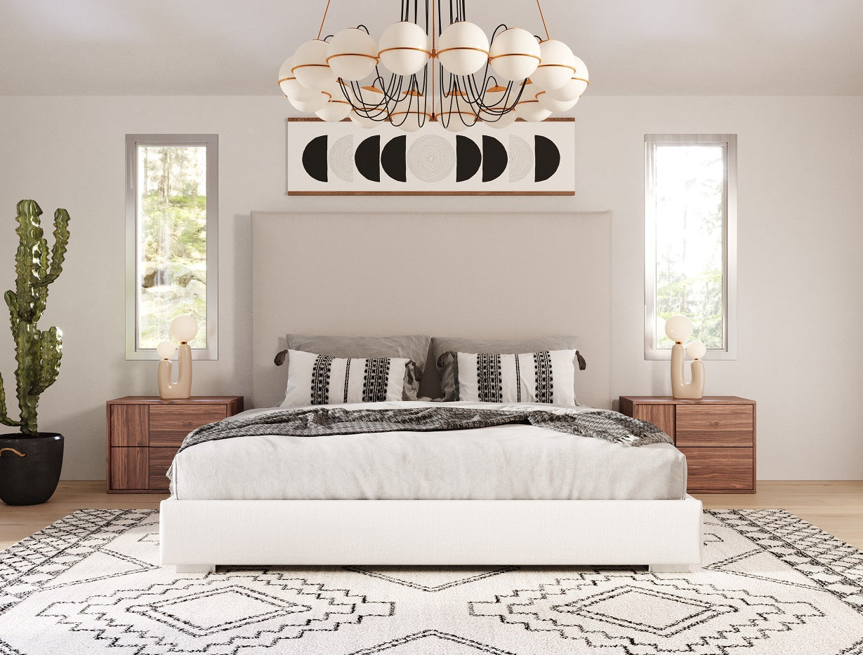 Italian Modern Beige Fabric High Headboard Q Bed