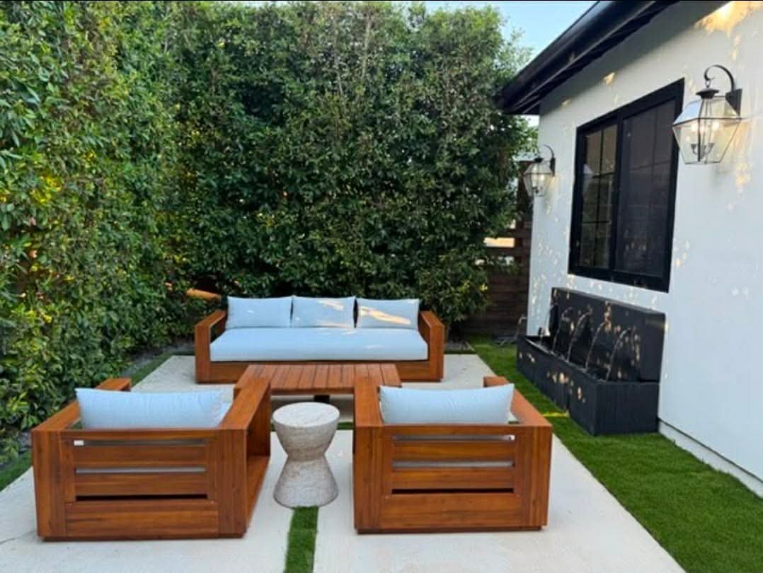 Outdoor living set in a backyard