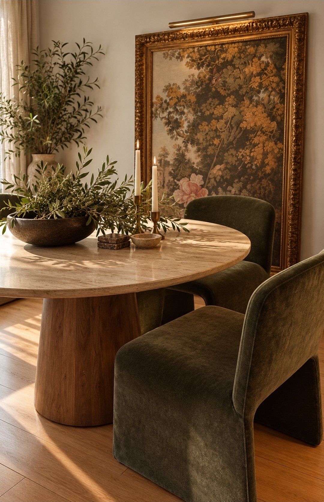 Round travertine dining table with dark green velvet chairs