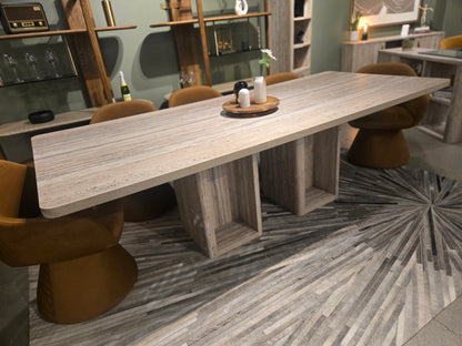 96" Travertine stone finish Rectangular Dining Table w double pedestal base
