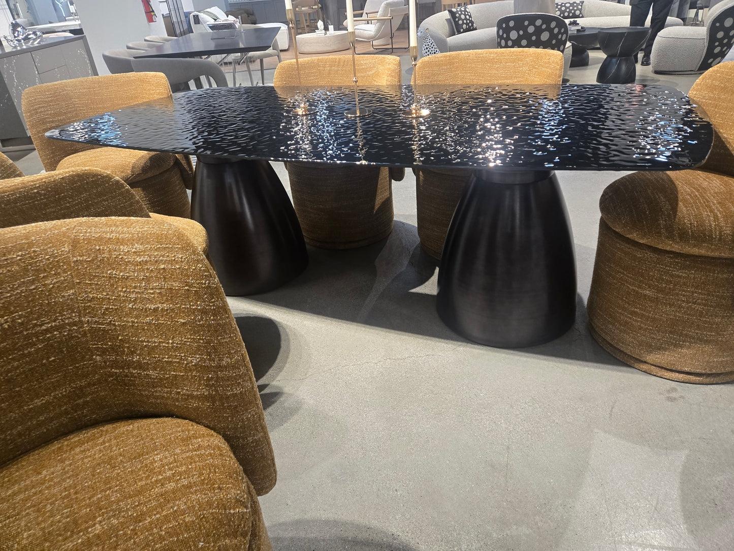 Contemporary Black Wave Glass Wide Rectangular Dining Table