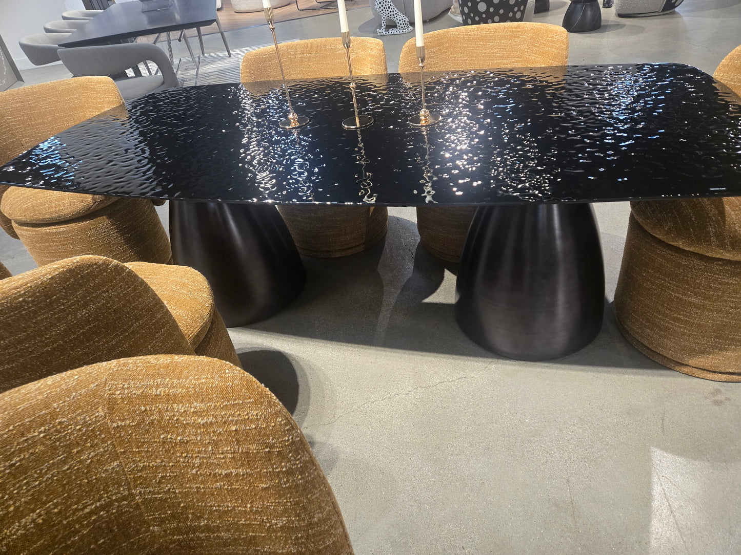 Contemporary Black Wave Glass Wide Rectangular Dining Table