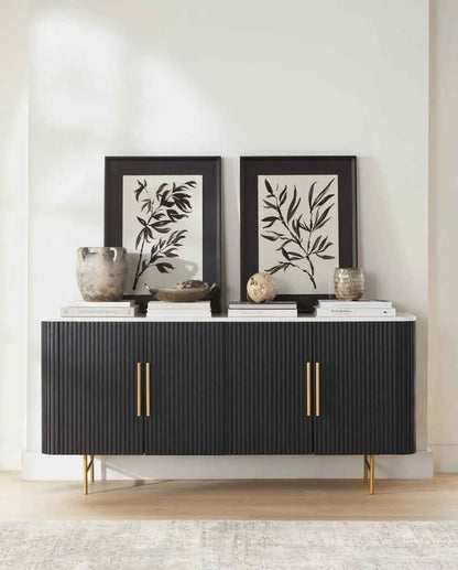 Flutted Marble Dark Wood Sideboard With Brass Handles