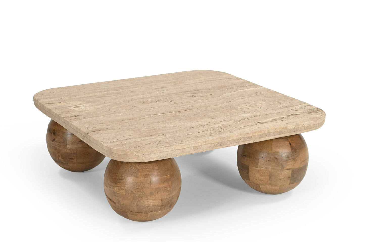 Gorgeous Modern Solid Travertine Stone and Wood Square Coffee Table