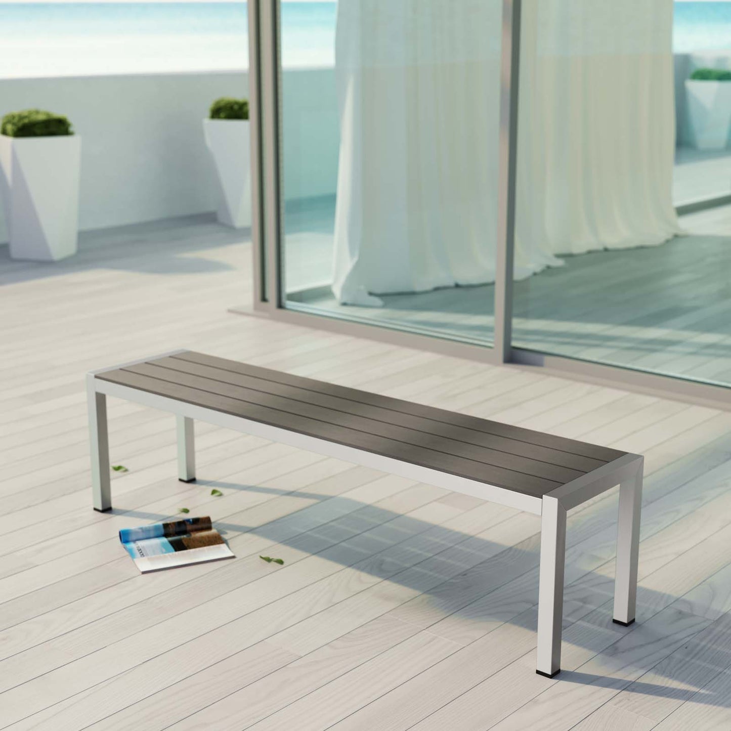 Shore Outdoor Patio Aluminum Bench by Modway in Silver Gray