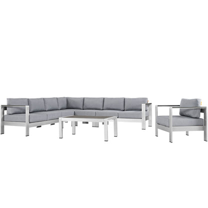 Shore 7 Piece Outdoor Patio Aluminum Sectional Sofa Set by Modway in Silver Gray